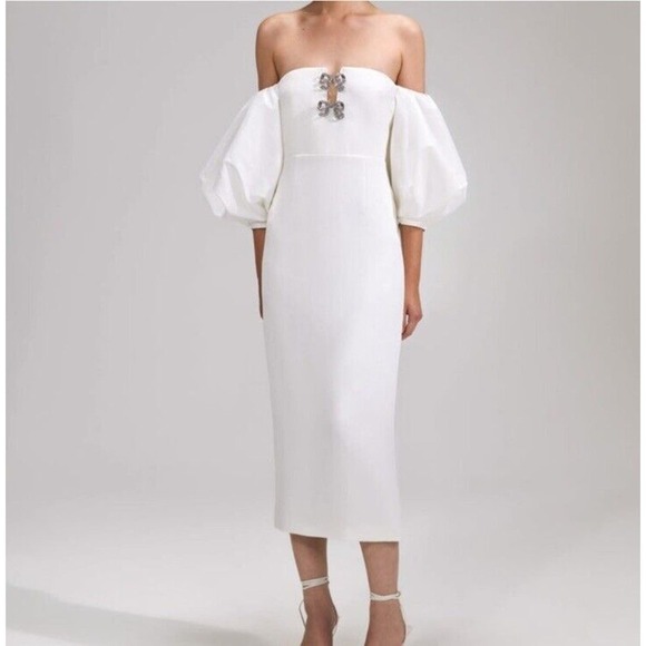 SELF PORTRAIT White Crepe Bow Balloon Sleeve Midi Dress - Picture 2 of 11